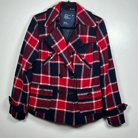 American Eagle Outfitters Jackets & Blazers - American Eagle Plaid Pea Coat Women's Size Medium Red Blue Preppy Classic